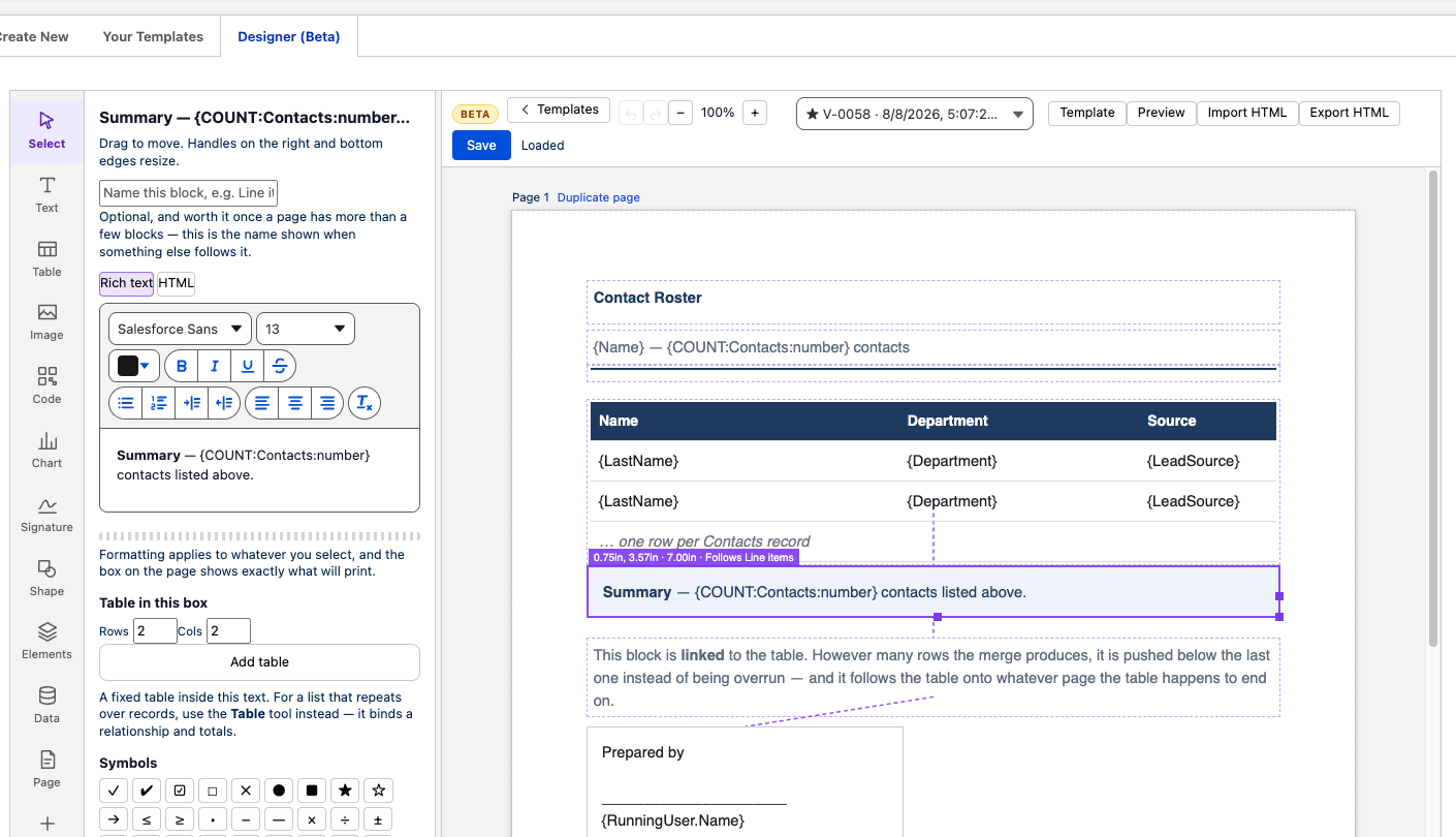 A Canvas template in the designer — tool rail, properties panel, and the artboard with a linked block selected